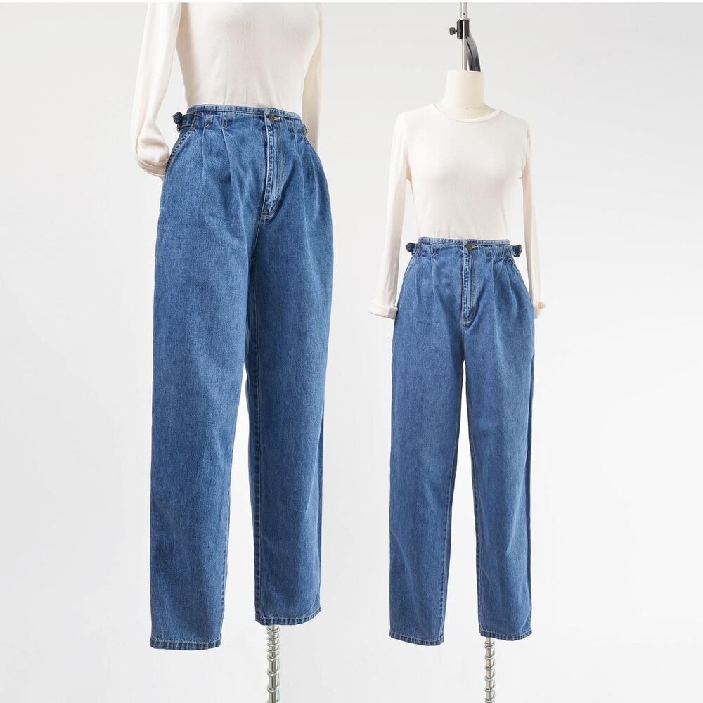 Vintage 90s Pleated Denim Pants High Waisted Tapered Leg Denim Mom Jeans size S